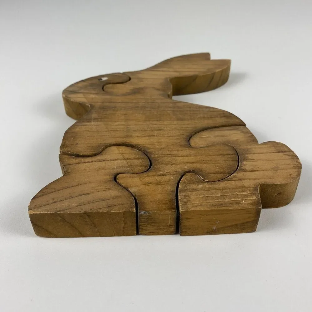 VTG Handmade Stained Wooden Bunny Jigsaw Puzzle Figurine Retro Decor 9